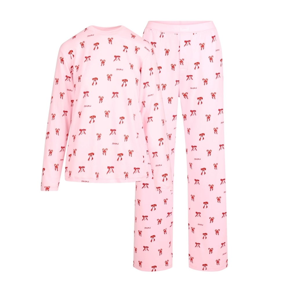SKIMS Pink Pajama Set with Red Bows, Candy Canes